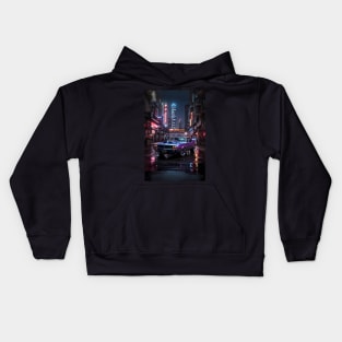 Classic muscle car in a cyberpunk neon city Kids Hoodie